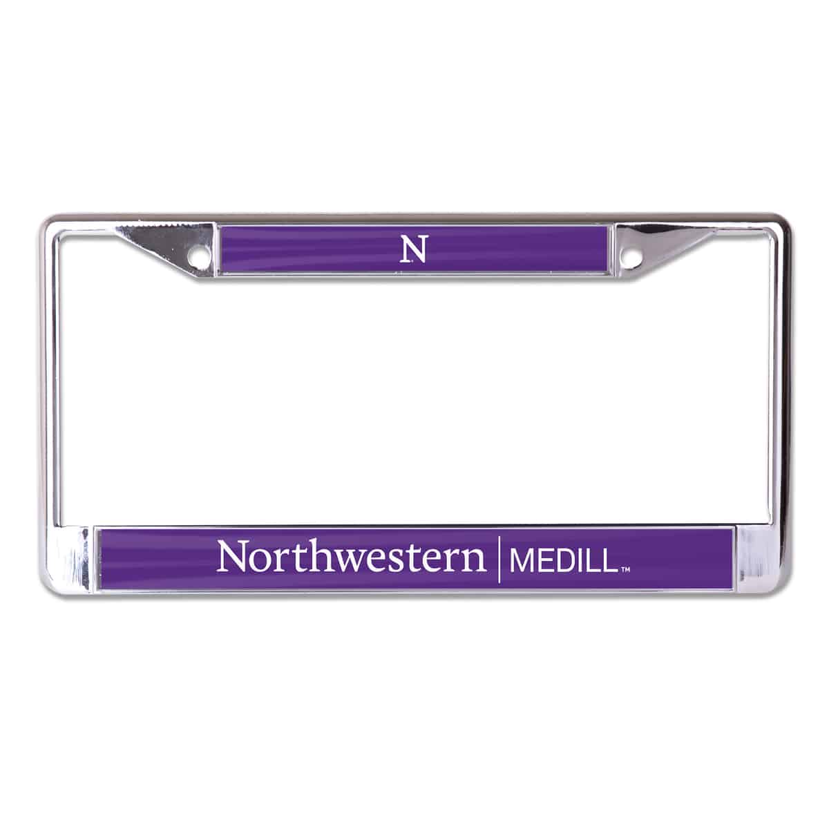 Northwestern University Wildcats Chrome License Plate Frame with Purple Laser Cut Northwestern/Medill Insert