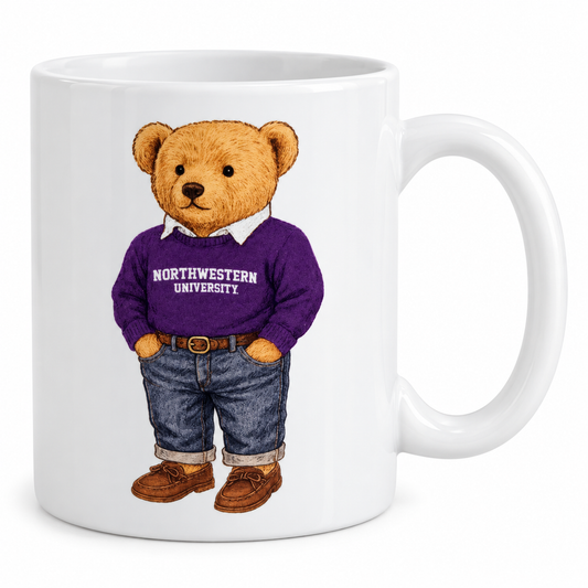 Northwestern University white ceramic mug featuring a teddy bear in a purple Northwestern sweatshirt, shown with two-sided print, ceramic finish, handle, and product feature details.