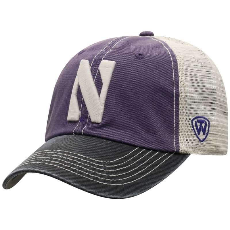 Northwestern University Wildcats Top Of The World Adjustable Snapback Purple/Cream Trucker Mesh Hat with Stylized N Design & Black Visor