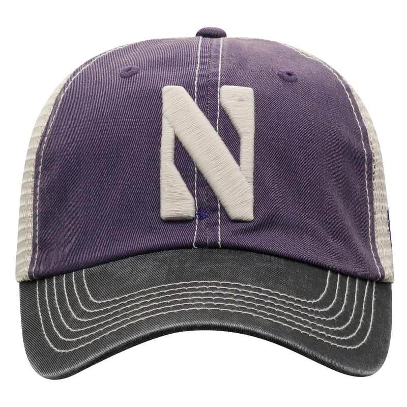 Northwestern University Wildcats Top Of The World Adjustable Snapback Purple/Cream Trucker Mesh Hat with Stylized N Design & Black Visor