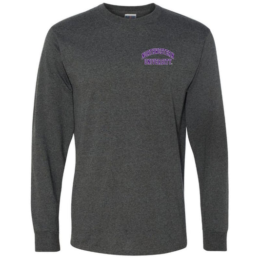 Northwestern University Wildcats Men's Black Heather Long Sleeve Tee Shirt with Left Chest Embroidered Northwestern University Design