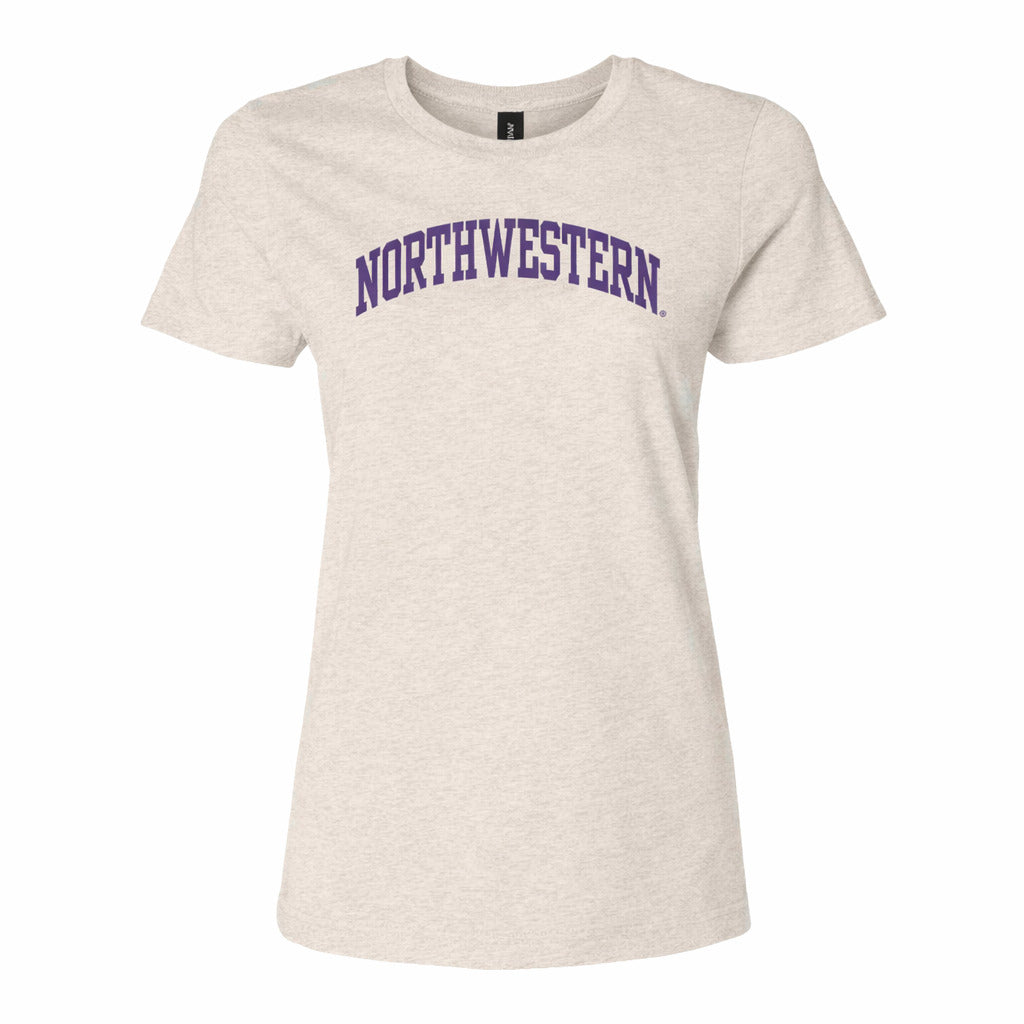 Northwestern University Wildcats Women's MV LAT Fine Jersey Natural Heather Tee Shirt with One Color Northwestern Arch Design