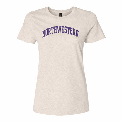 Northwestern University Wildcats Women's MV LAT Fine Jersey Natural Heather Tee Shirt with One Color Northwestern Arch Design