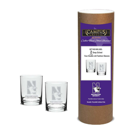 Northwestern University Wildcats 14 oz. Deep Etched Double Old Fashioned Glasses with N-Cat Design - Set of Two