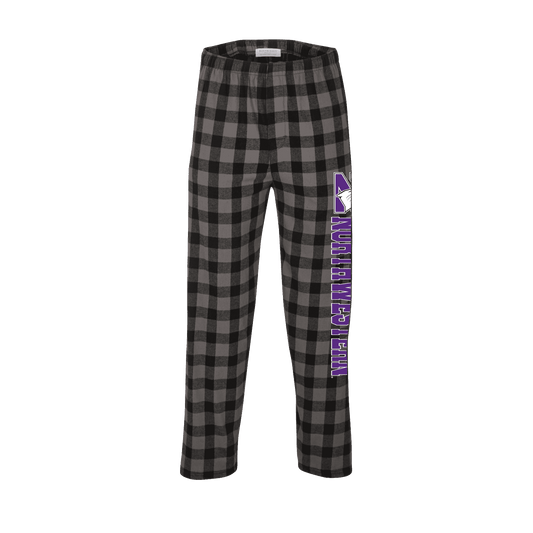 Northwestern University Wildcats Men's Charcoal Black Buff Plaid Harley Flannel Pants with Northwestern Down The Leg