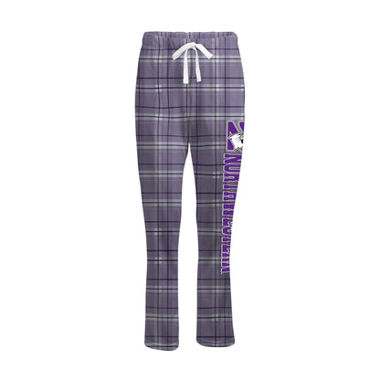 Northwestern University Wildcats Women's Lavender Carnegie Plaid Harley Flannel Pants with Northwestern Down the Leg Design