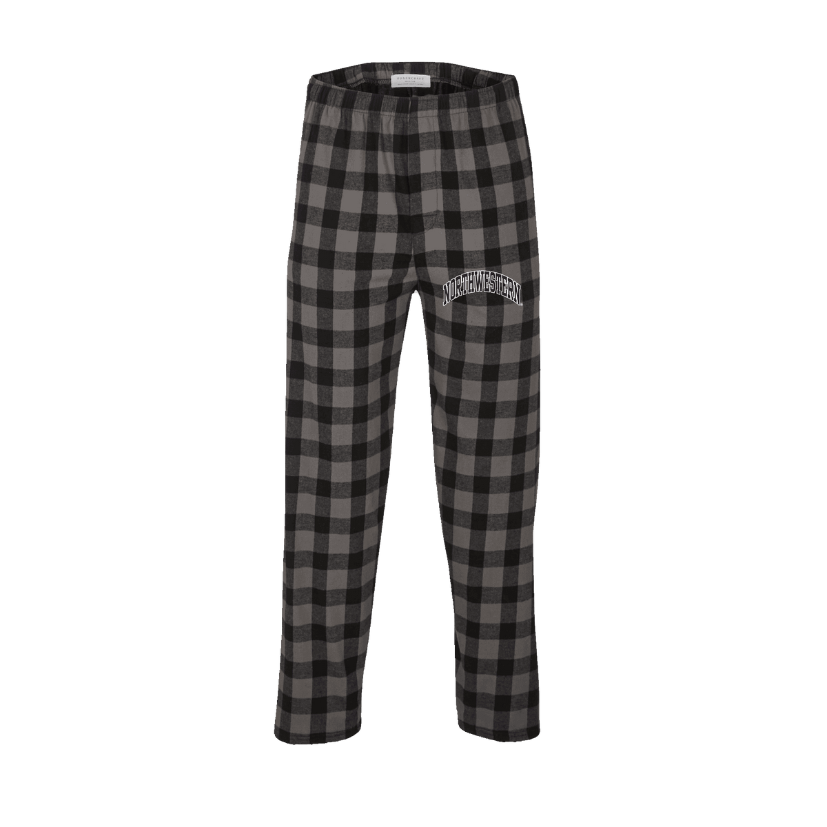 Northwestern University Wildcats Men's Charcoal Black Buff Plaid Harley Flannel Pants with Small Arched Northwestern Design