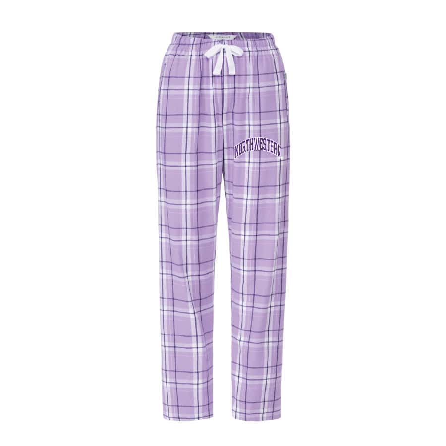 Northwestern University Wildcats Women's Lavender Carnegie Plaid Harley Flannel Pants with Small Arched Northwestern Design-1