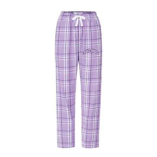 Northwestern University Wildcats Women's Lavender Carnegie Plaid Harley Flannel Pants with Small Arched Northwestern Design-1