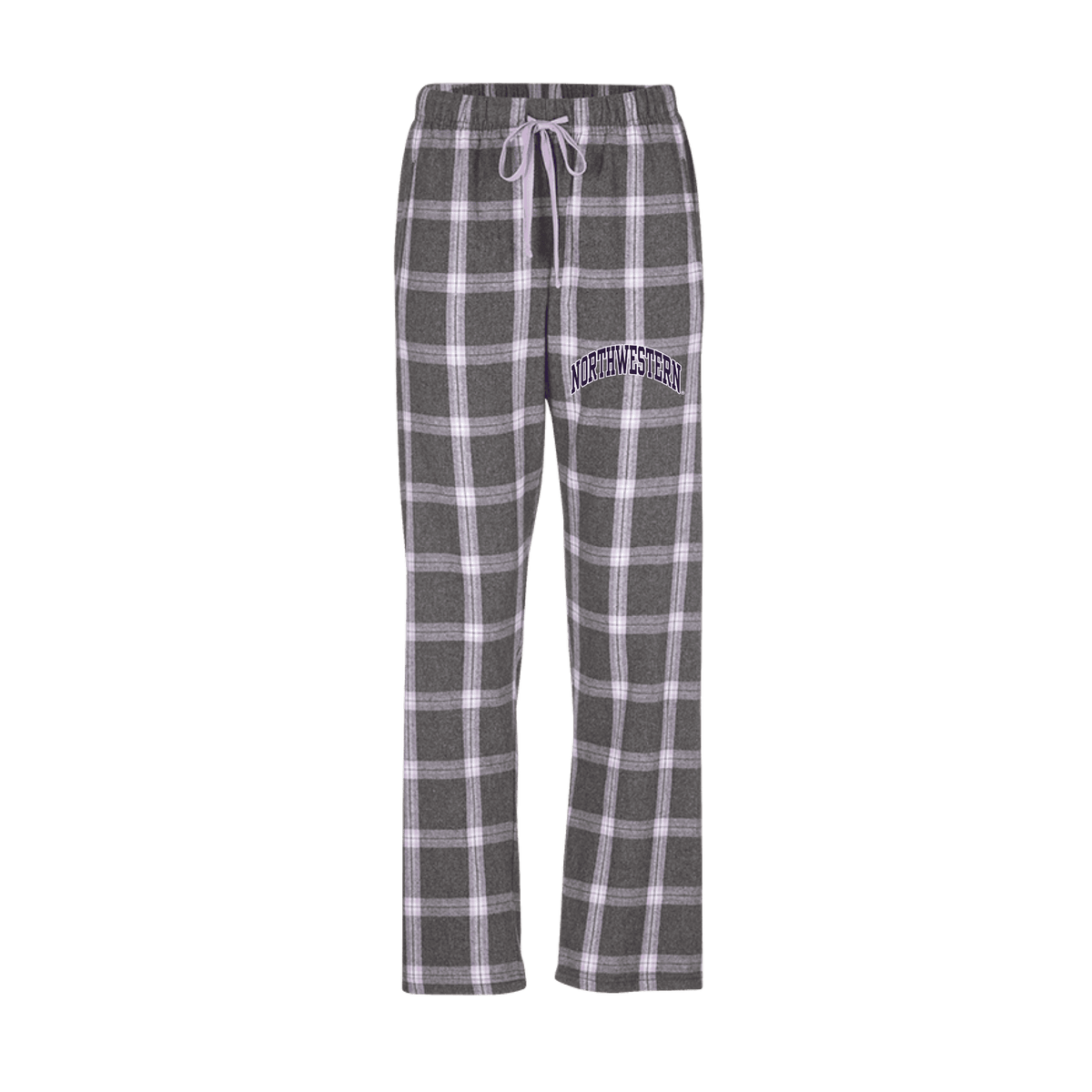 Northwestern University Wildcats Women's Charcoal Lavender Tomb Plaid Harley Flannel Pants with Small Arched Northwestern Design