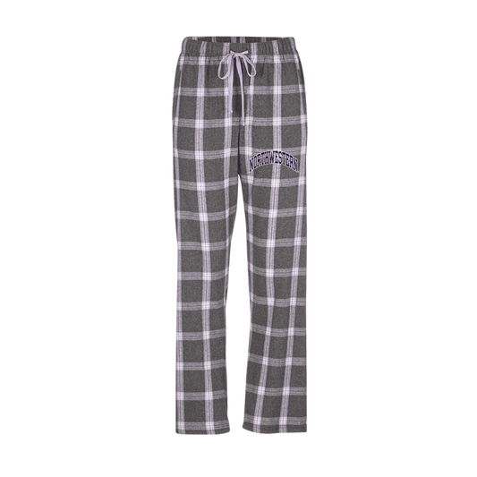 Northwestern University Wildcats Women's Charcoal Lavender Tomb Plaid Harley Flannel Pants with Small Arched Northwestern Design
