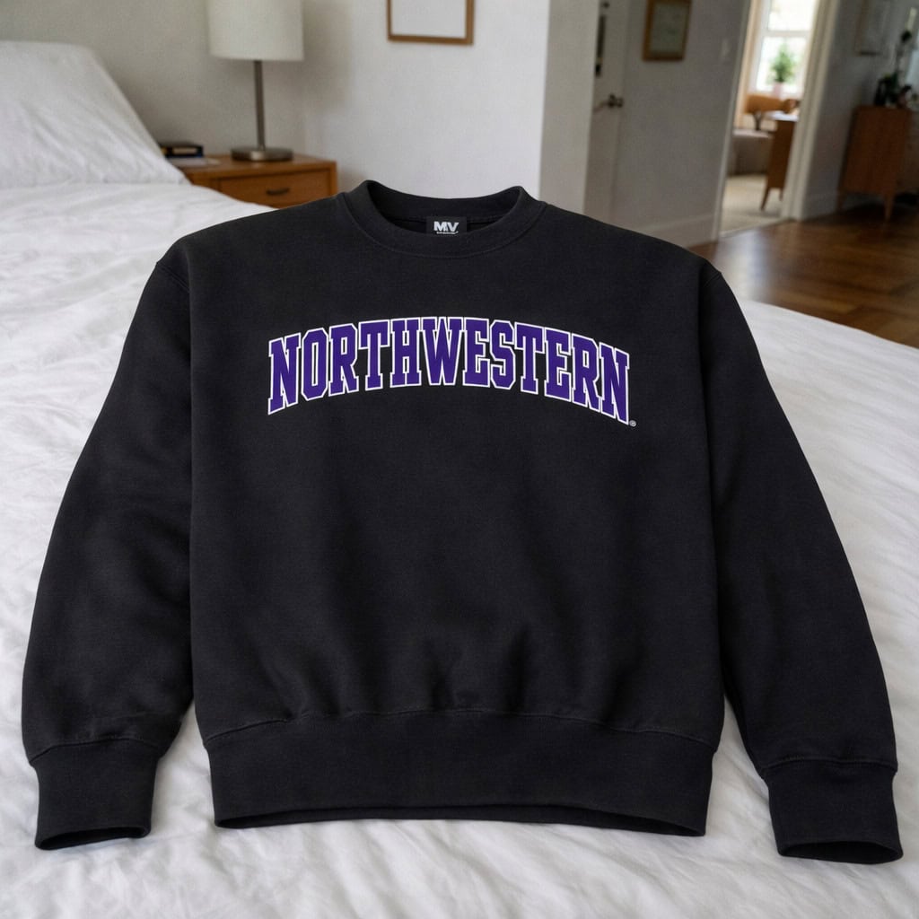 Northwestern University Wildcats Men's MV Pro-Weave Super-Heavy Black Crewneck Sweatshirt with Two Color Arch Design -2