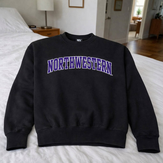 Northwestern University Wildcats Men's MV Pro-Weave Super-Heavy Black Crewneck Sweatshirt with Two Color Arch Design -2