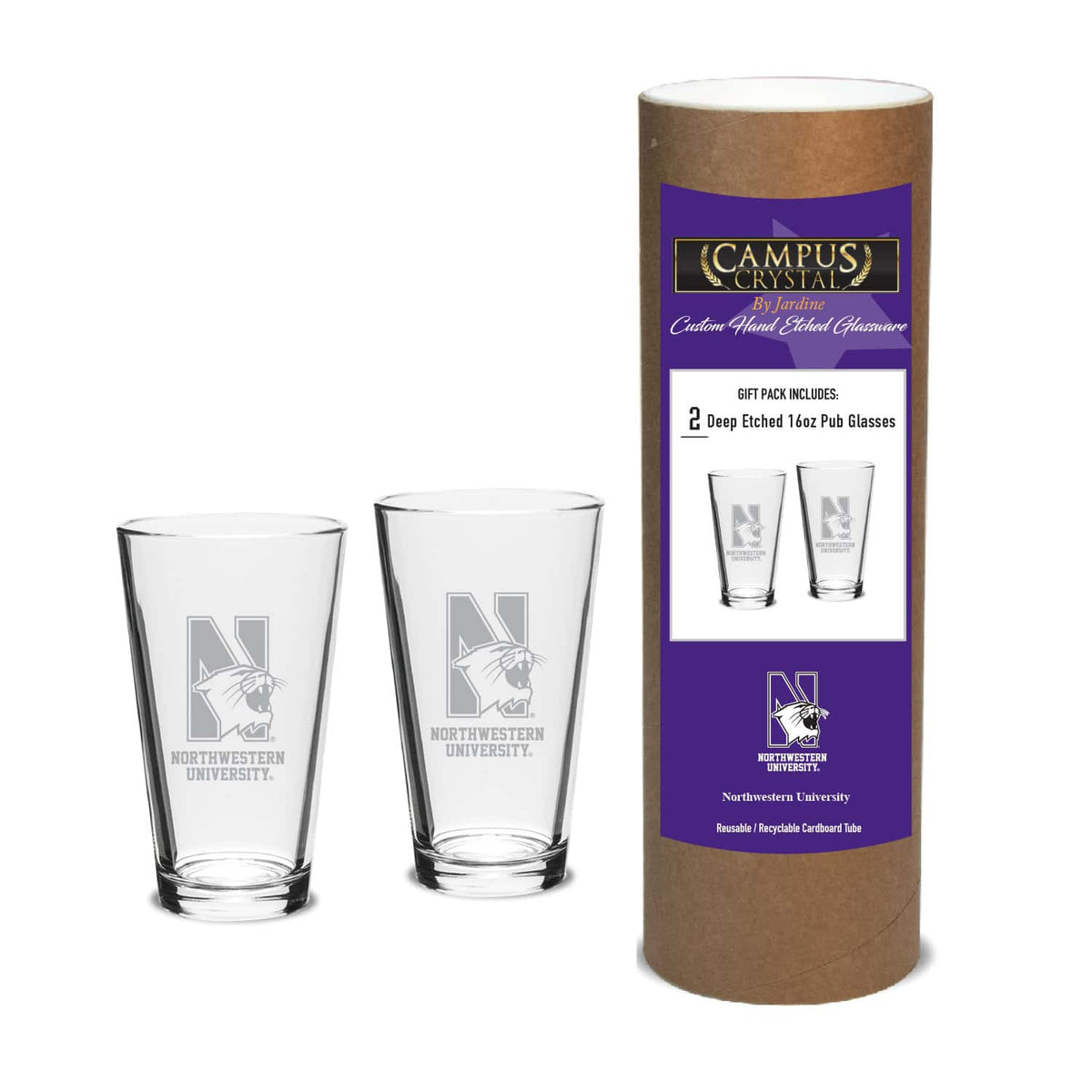 Northwestern University Wildcats 16 oz. Deep Etched Pint Glasses with N-Cat Design - Set of Two