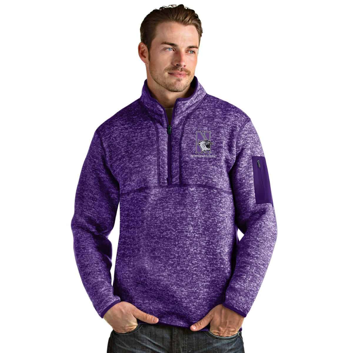 Northwestern University Wildcats Men's Antigua Fortune 1/4 Zip in Purple Heather & N-Cat Design