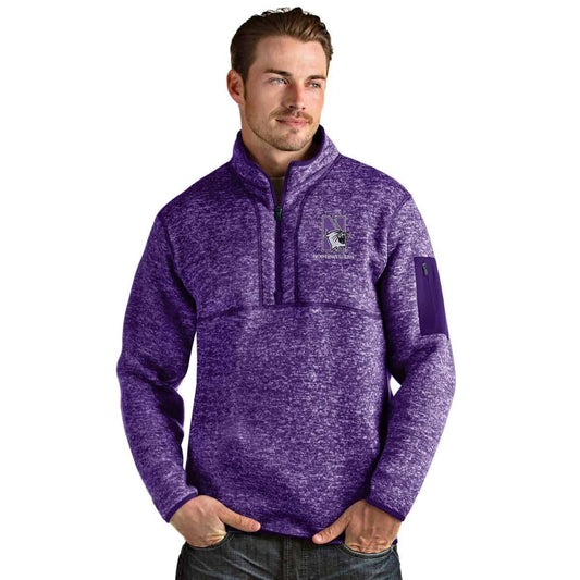 Northwestern University Wildcats Men's Antigua Fortune 1/4 Zip in Purple Heather & N-Cat Design