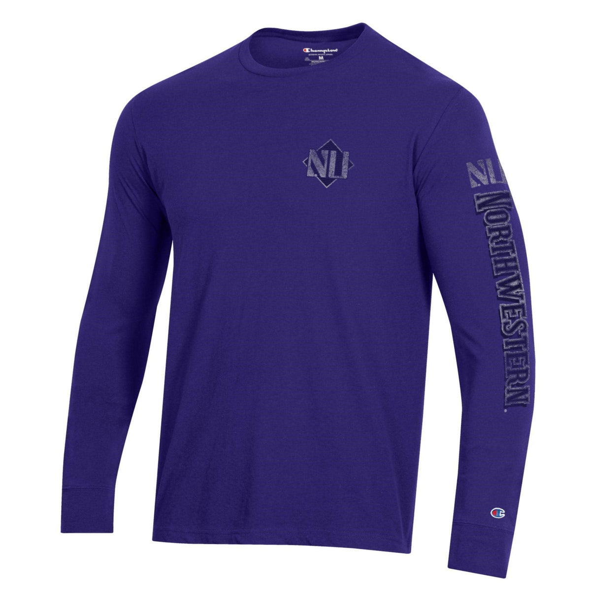 Northwestern University Wildcats Men's Champion Purple Long Sleeve Tee Shirt with Three Location Faded Print
