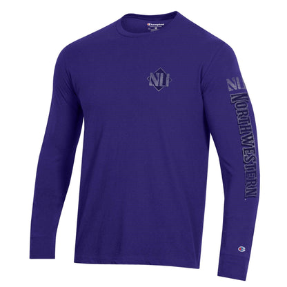 Northwestern University Wildcats Men's Champion Purple Long Sleeve Tee Shirt with Three Location Faded Print