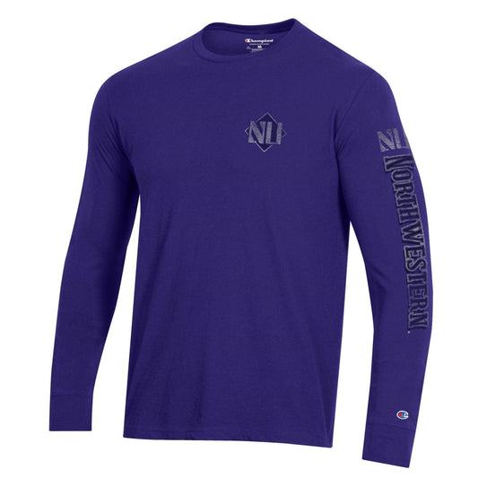 Northwestern University Wildcats Men's Champion Purple Long Sleeve Tee Shirt with Three Location Faded Print