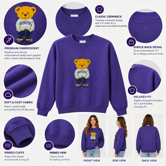 Northwestern University Wildcats Teddy Bear Crewneck Sweatshirt – Purple