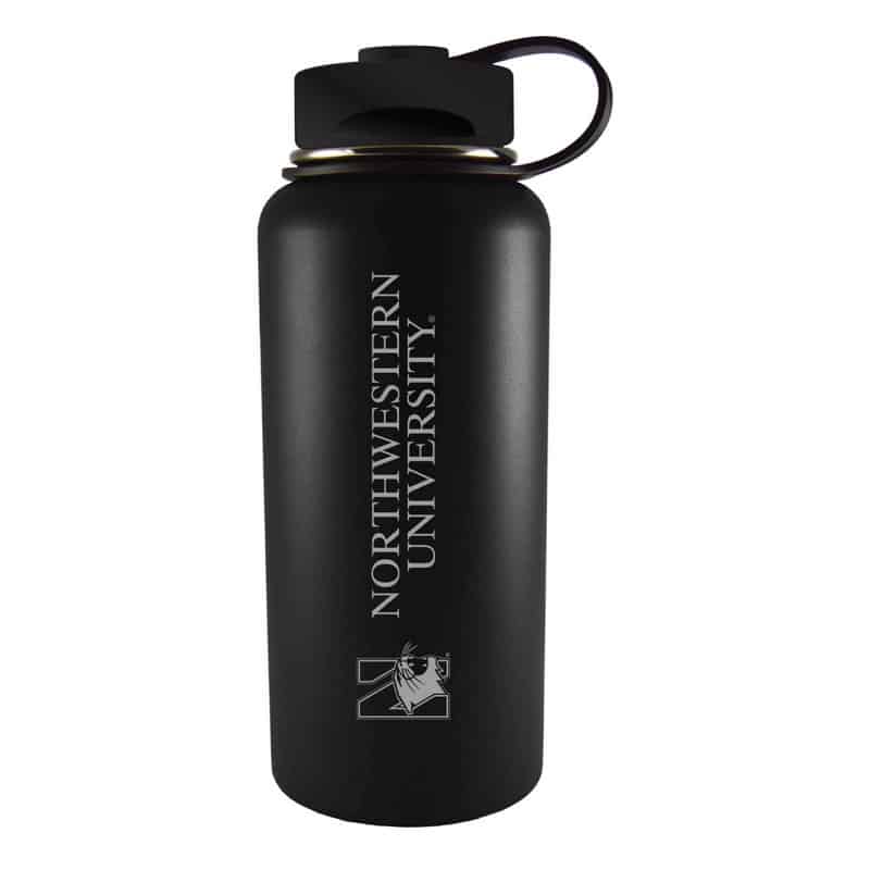 Northwestern University Wildcats 32 oz. Laser Engraved Black Boundless Travel Tumbler Water Bottle With N-Cat Design