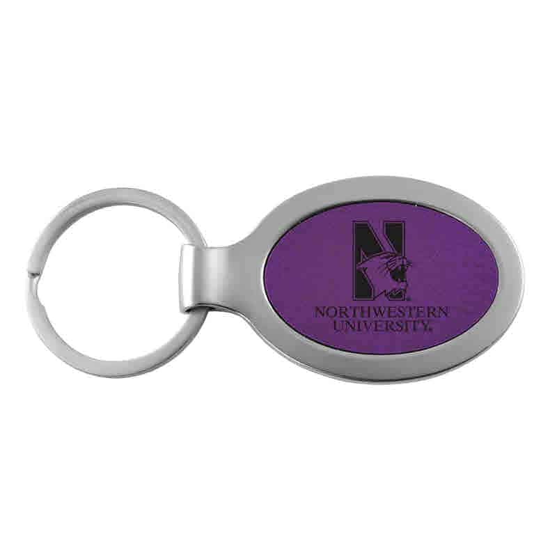 Northwestern University Wildcats Laser Engraved Purple Oval with Metal Border Keychain with N-Cat & Northwestern University Design