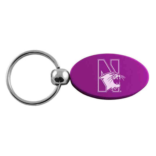 Northwestern University Wildcats Laser Engraved Purple Oval Keychain with N-Cat Design