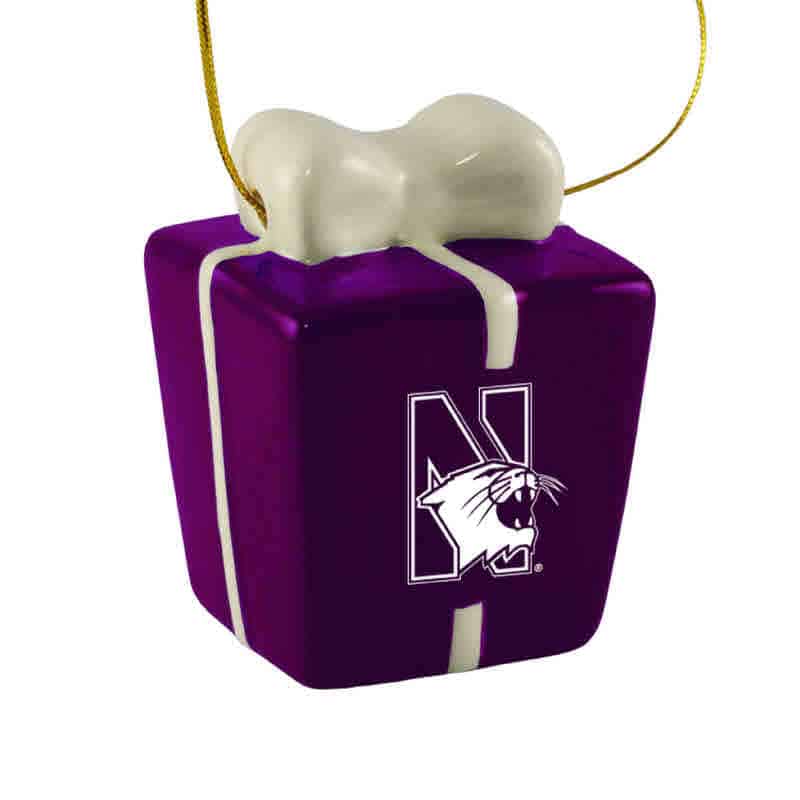 Northwestern University Wildcats Ceramic 3D Christmas Present Shaped Purple Ornament with Mascot Design