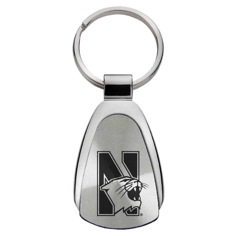 Northwestern University Wildcats Laser Engraved Silver Teardrop Key Chain with Mascot Design