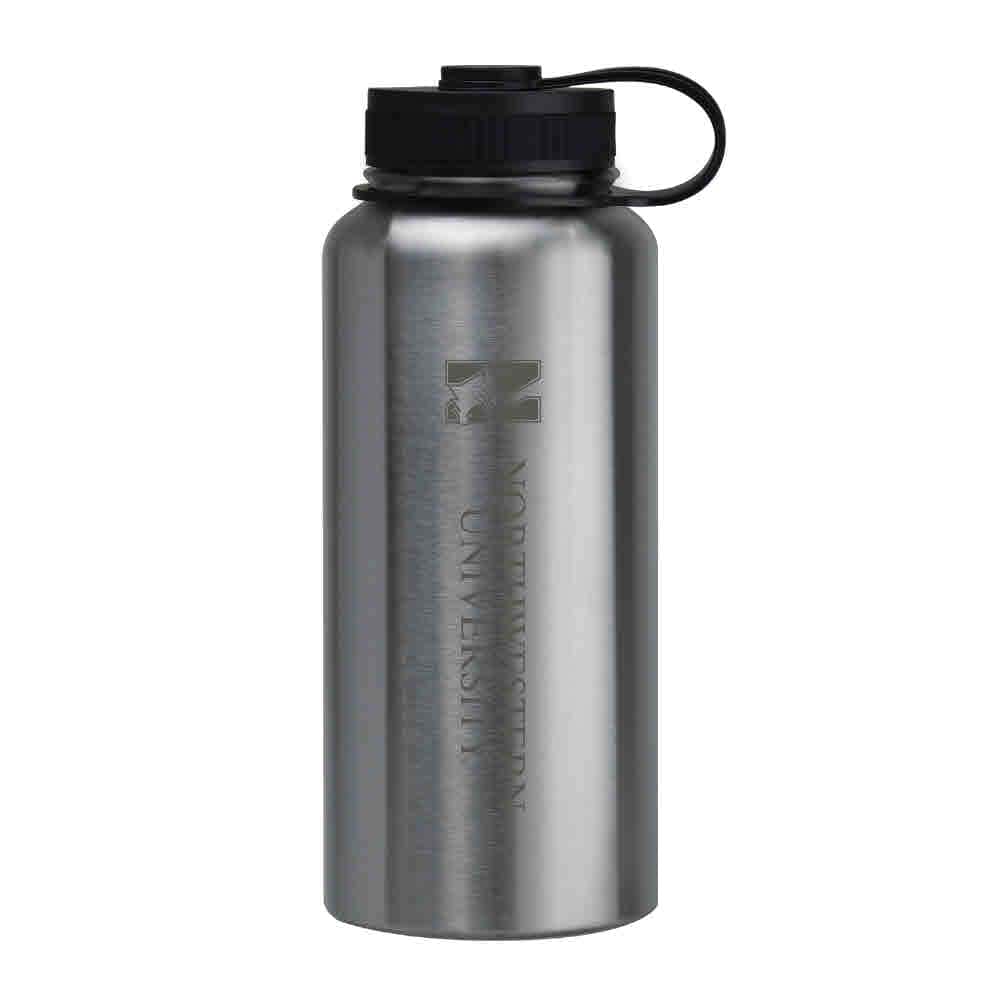 Northwestern University Wildcats 32 oz. Laser Engraved Silver Boundless Travel Tumbler Water Bottle With N-Cat Design
