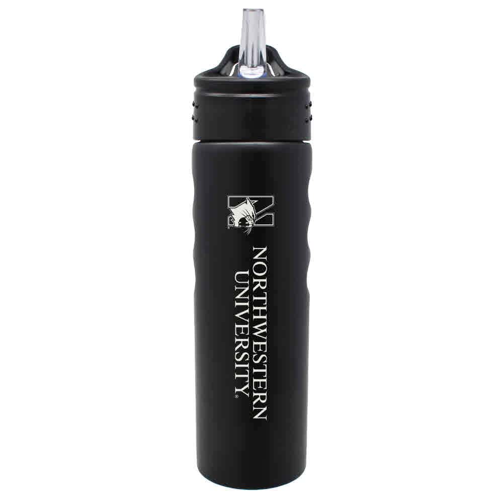 Northwestern University Wildcats 24 oz. Laser Engraved Black Grip Water Bottle With N-Cat Design