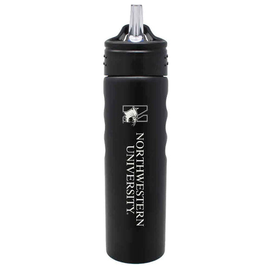Northwestern University Wildcats 24 oz. Laser Engraved Black Grip Water Bottle With N-Cat Design