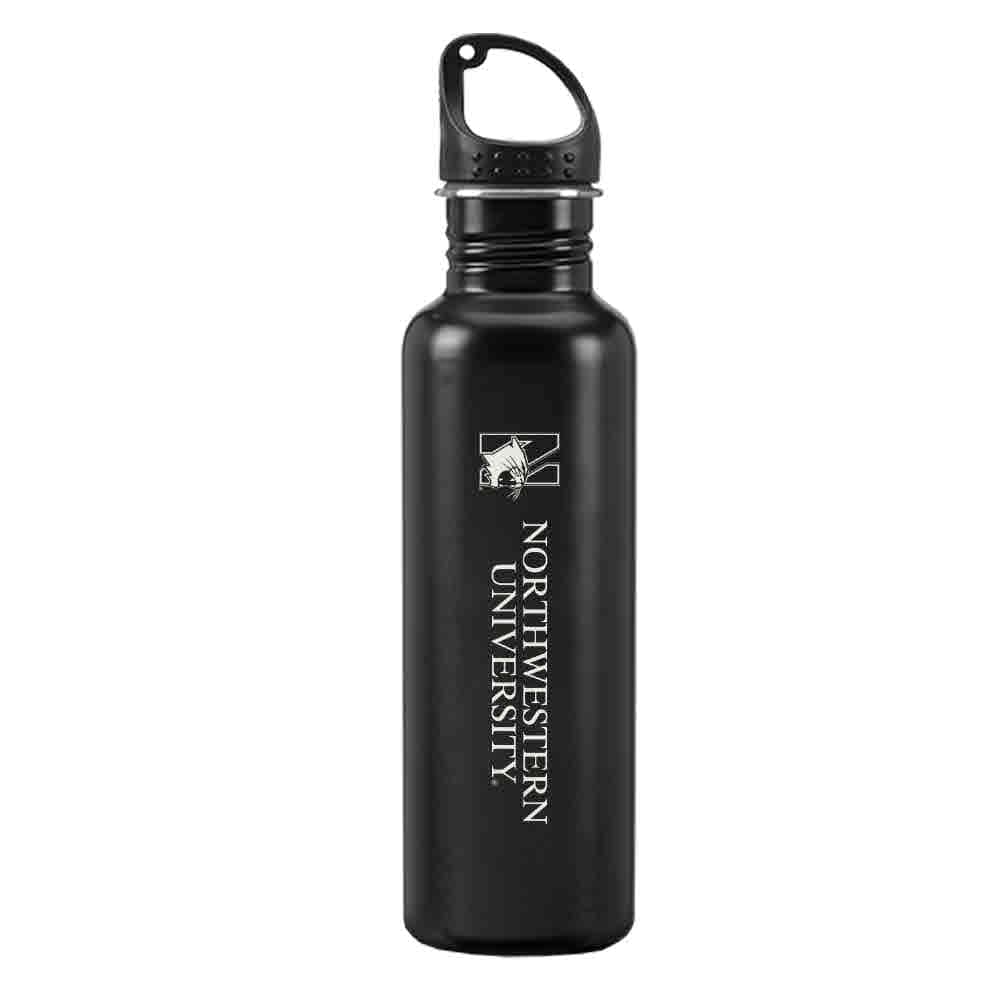 Northwestern University Wildcats 24 oz. Laser Engraved Black Stainless Steel Water Bottle With N-Cat Design