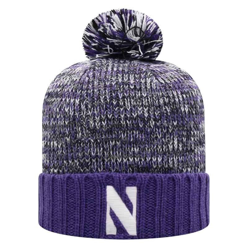Northwestern University Wildcats Adult Multicolor Old Fahion Cuffed Pom Knit Hat With Embroidered Stylized N Design