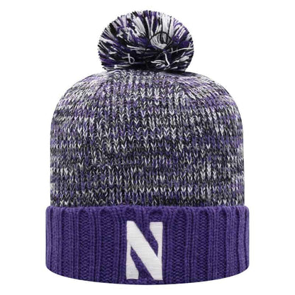 Northwestern University Wildcats Adult Multicolor Old Fahion Cuffed Pom Knit Hat With Embroidered Stylized N Design