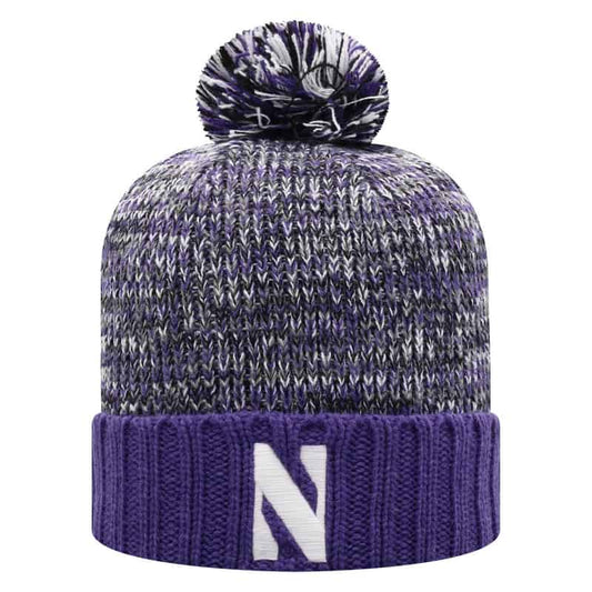 Northwestern University Wildcats Adult Multicolor Old Fahion Cuffed Pom Knit Hat With Embroidered Stylized N Design