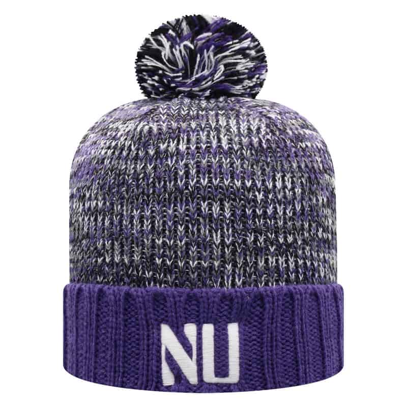 Northwestern University Wildcats Adult Multicolor Old Fahion Cuffed Pom Knit Hat With Embroidered Stylized N Design-Back