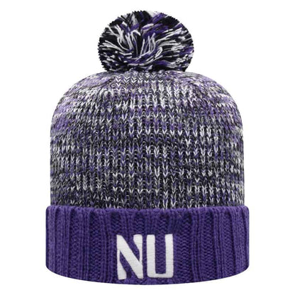 Northwestern University Wildcats Adult Multicolor Old Fahion Cuffed Pom Knit Hat With Embroidered Stylized N Design-Back