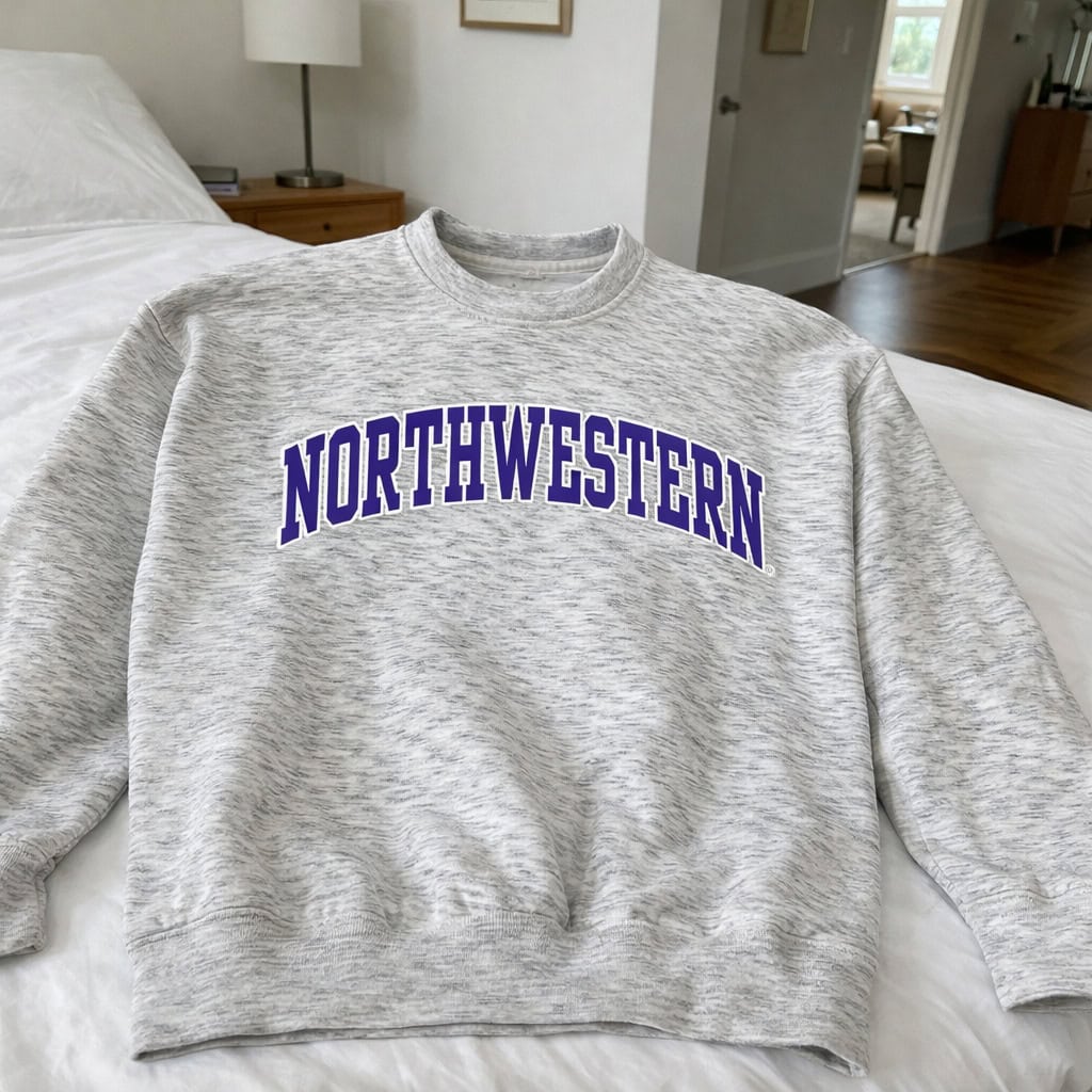 Northwestern University Wildcats Men's MV Pro-Weave Super-Heavy Salt & Pepper Crewneck Sweatshirt with Two Color Arch Design -2