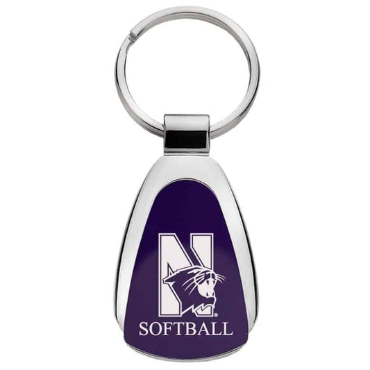 Northwestern University Wildcats Laser Engraved Purple Teardrop Key Chain with Mascot & Softball Design