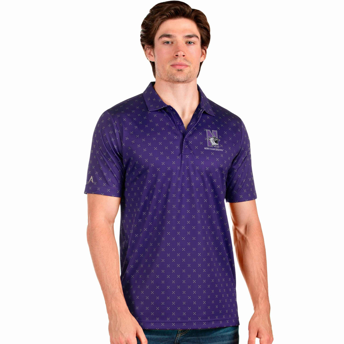 Northwestern University Wildcats Men's Antigua Spark Polo Shirt in Purple Multi with N-Cat Design