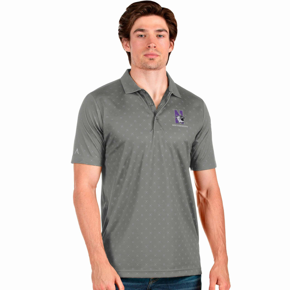 Northwestern University Wildcats Men's Antigua Spark Polo Shirt in Steel Multi with N-Cat Design