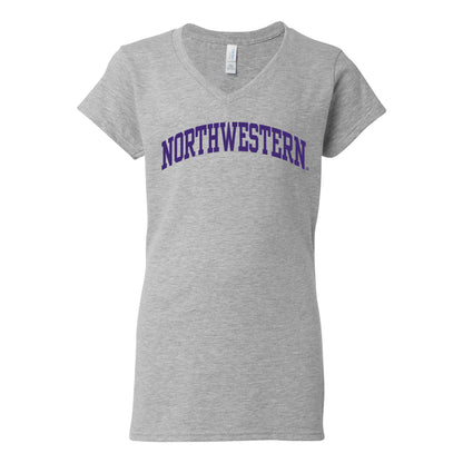 Northwestern University Wildcats Women's MV Softstyle Sport Grey V-Neck Tee Shirt with One Color Northwestern Arch Design