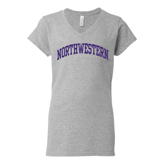 Northwestern University Wildcats Women's MV Softstyle Sport Grey V-Neck Tee Shirt with One Color Northwestern Arch Design