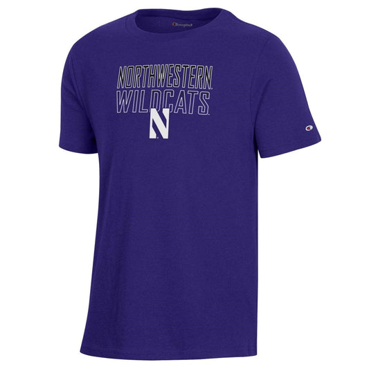Northwestern University Wildcats Youth Purple Champion Short Sleeve Tee with Straight Northwestern Wildcats Over N Design
