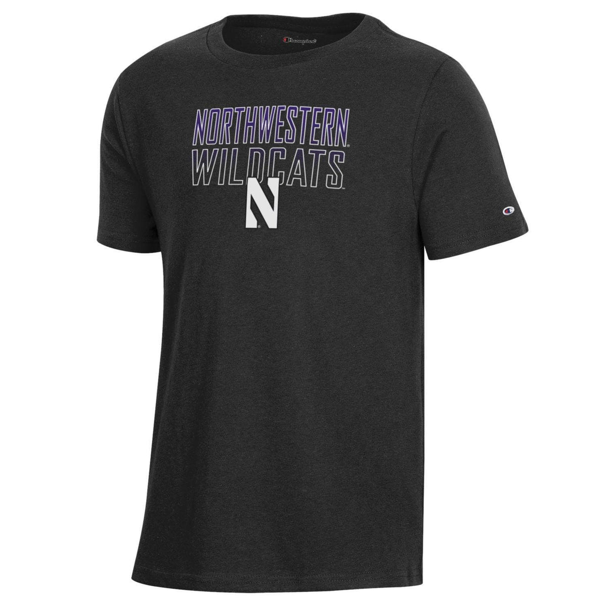 Northwestern University Wildcats Youth Black Champion Short Sleeve Tee with Straight Northwestern Wildcats Over N Design