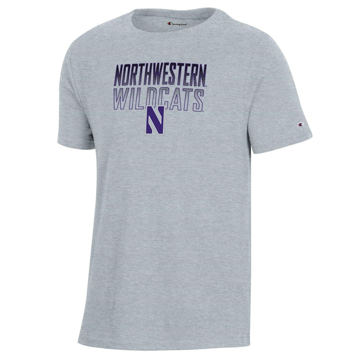 Northwestern University Wildcats Youth Steel Grey Champion Short Sleeve Tee with Straight Northwestern Wildcats Over N Design