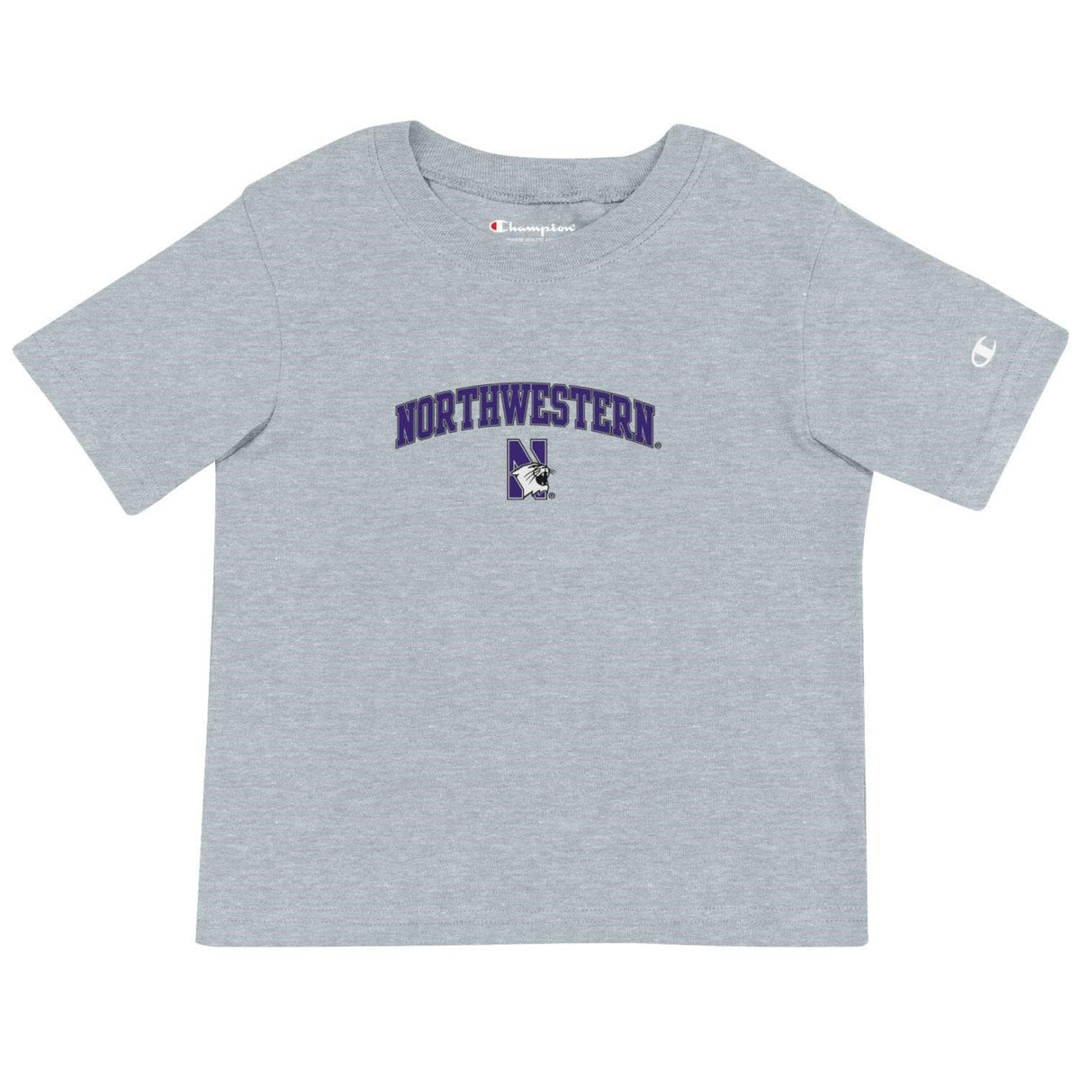 Northwestern University Wildcats Toddler Grey Champion Short Sleeve Tee with Arch over N-Cat Design
