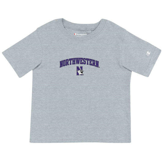 Northwestern University Wildcats Toddler Grey Champion Short Sleeve Tee with Arch over N-Cat Design