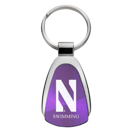 Northwestern University Wildcats Laser Engraved Purple Teardrop Keychain with Stylized N & Swimming Design